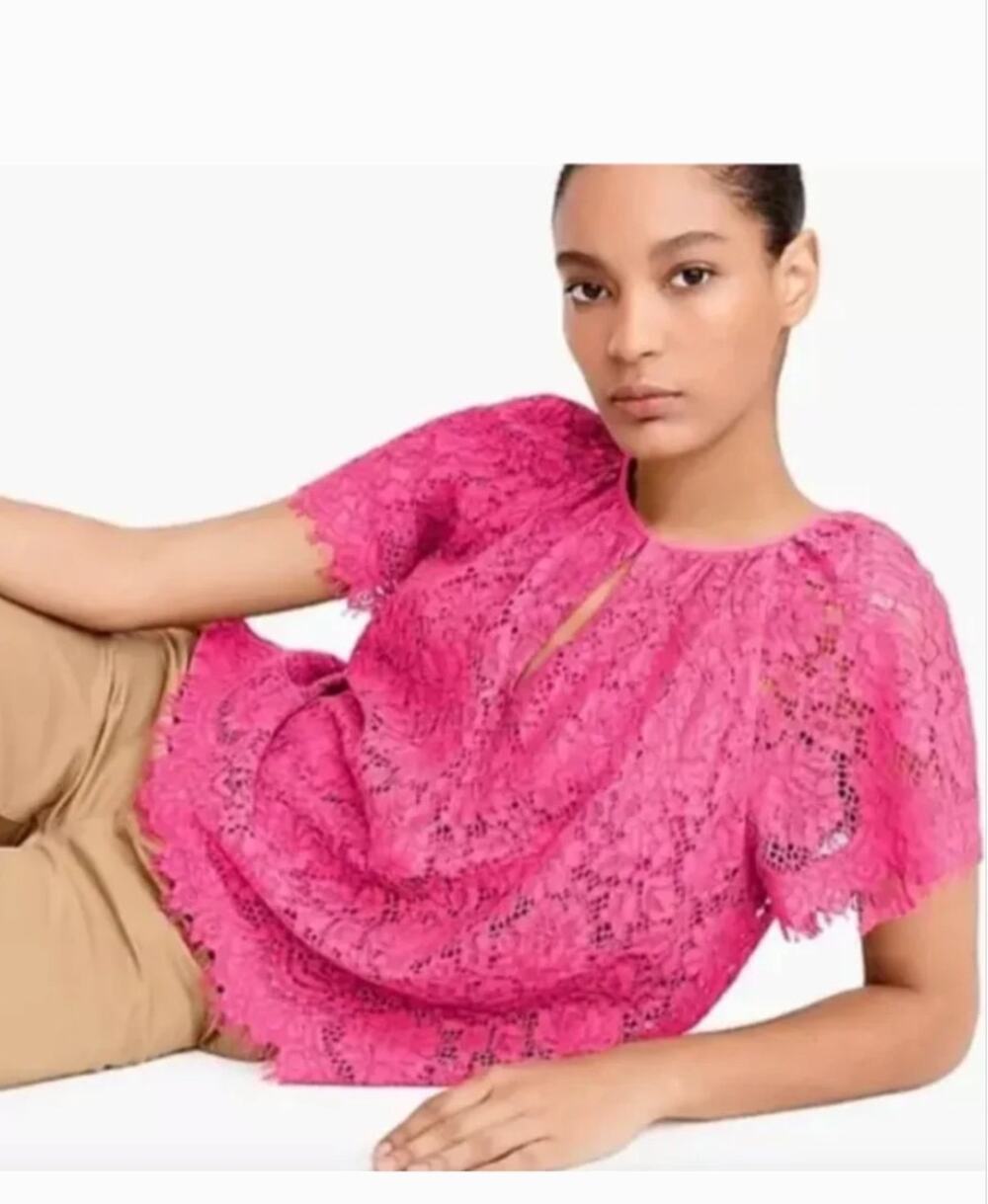 J.Crew XL Hot Pink Floral Lace Short Sleeve Blouse Scalloped Hem Top